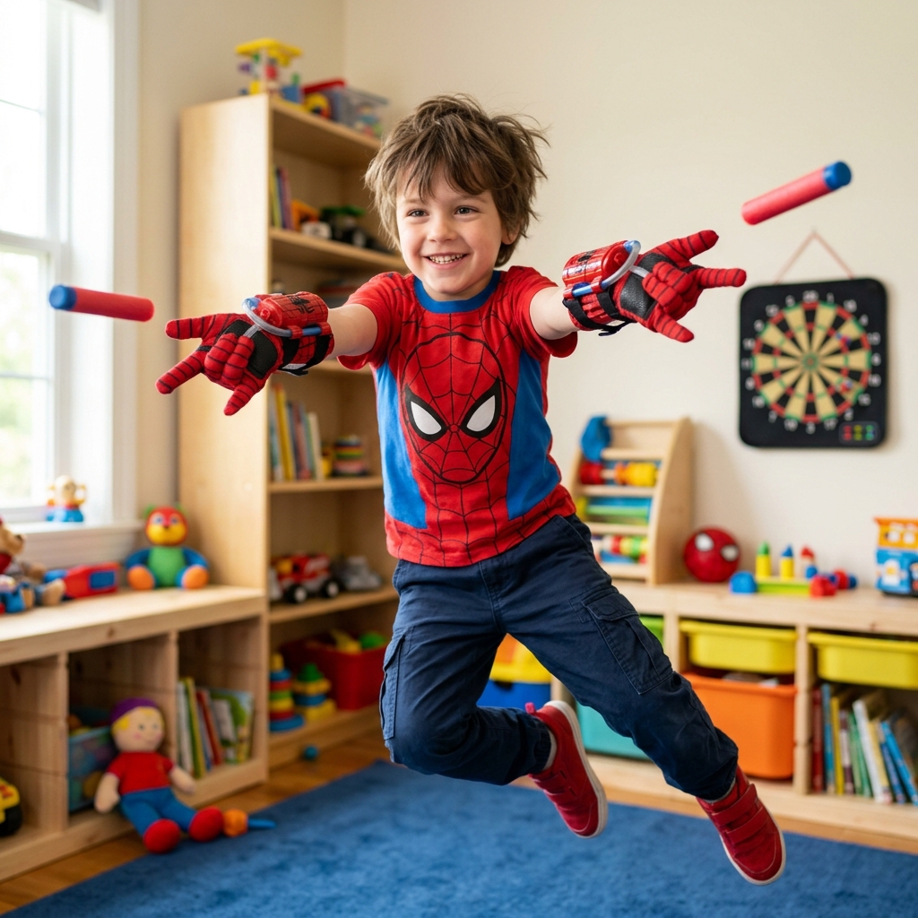 Kid Wearing Spider Web Shooter Toy on BOTH HANDS firing soft suction darts