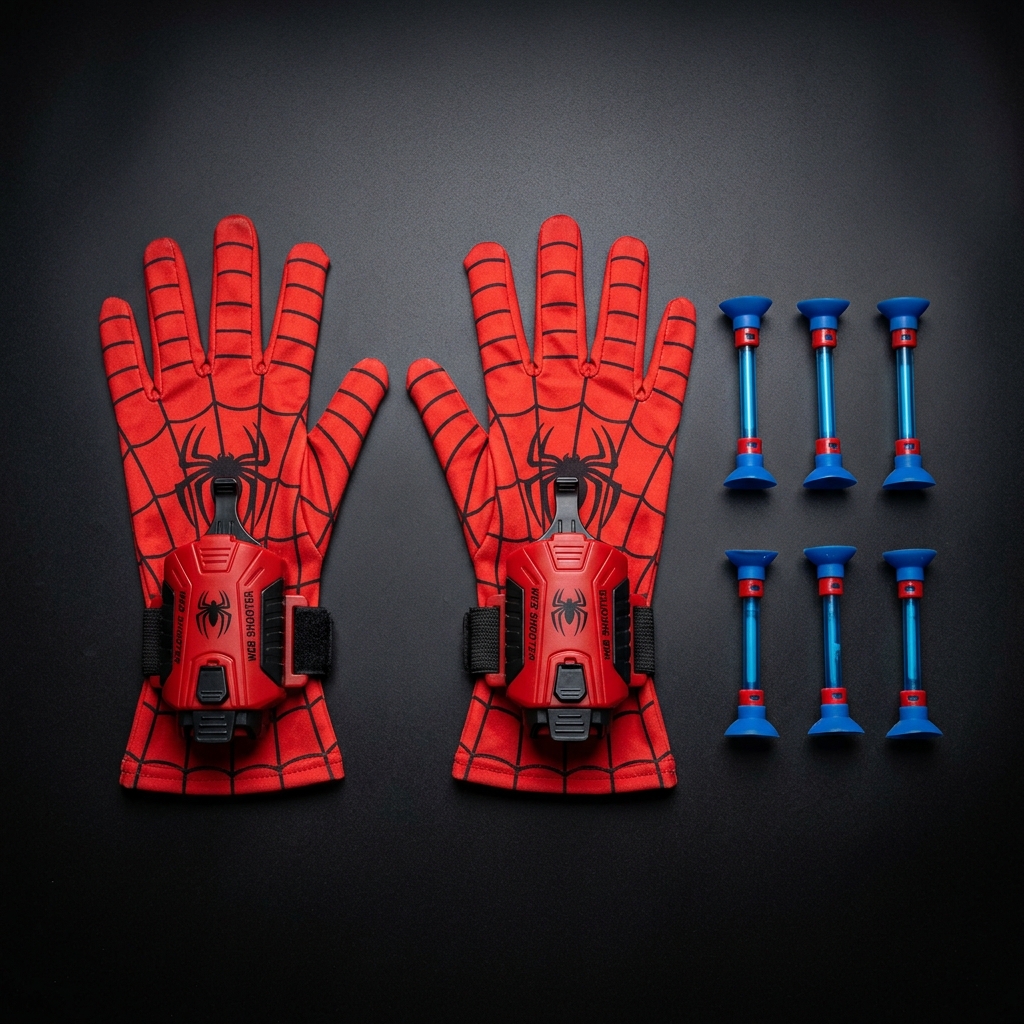 Spider Web Shooters Toy for Kids Pack of 2 Studio View with 2 Gloves, 2 Wrist Launchers, and 6 Soft Darts